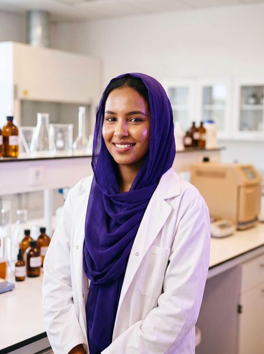 La jeune femme en melhfa et blouse de laboratoire
