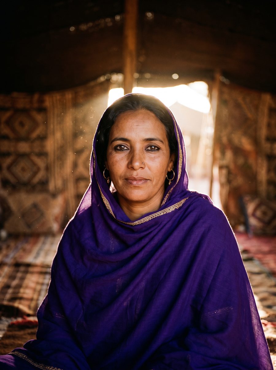 La mère en melhfa violette